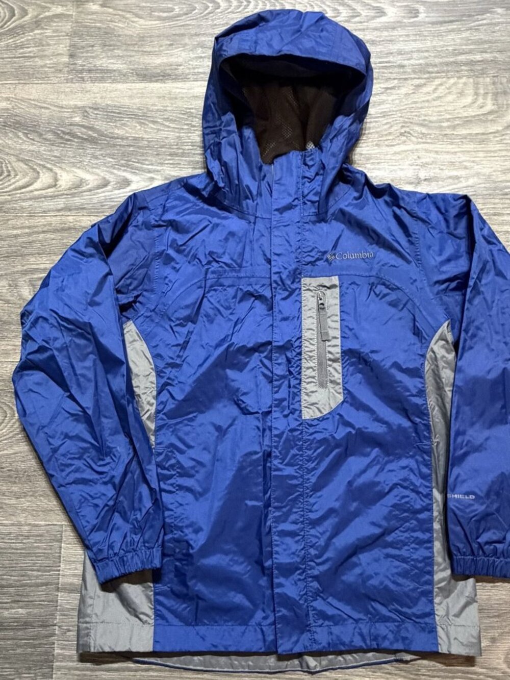 Columbia Waterproof Hooded Rain Jacket Youth 10/12 Blue Gray Lightweight Outdoor